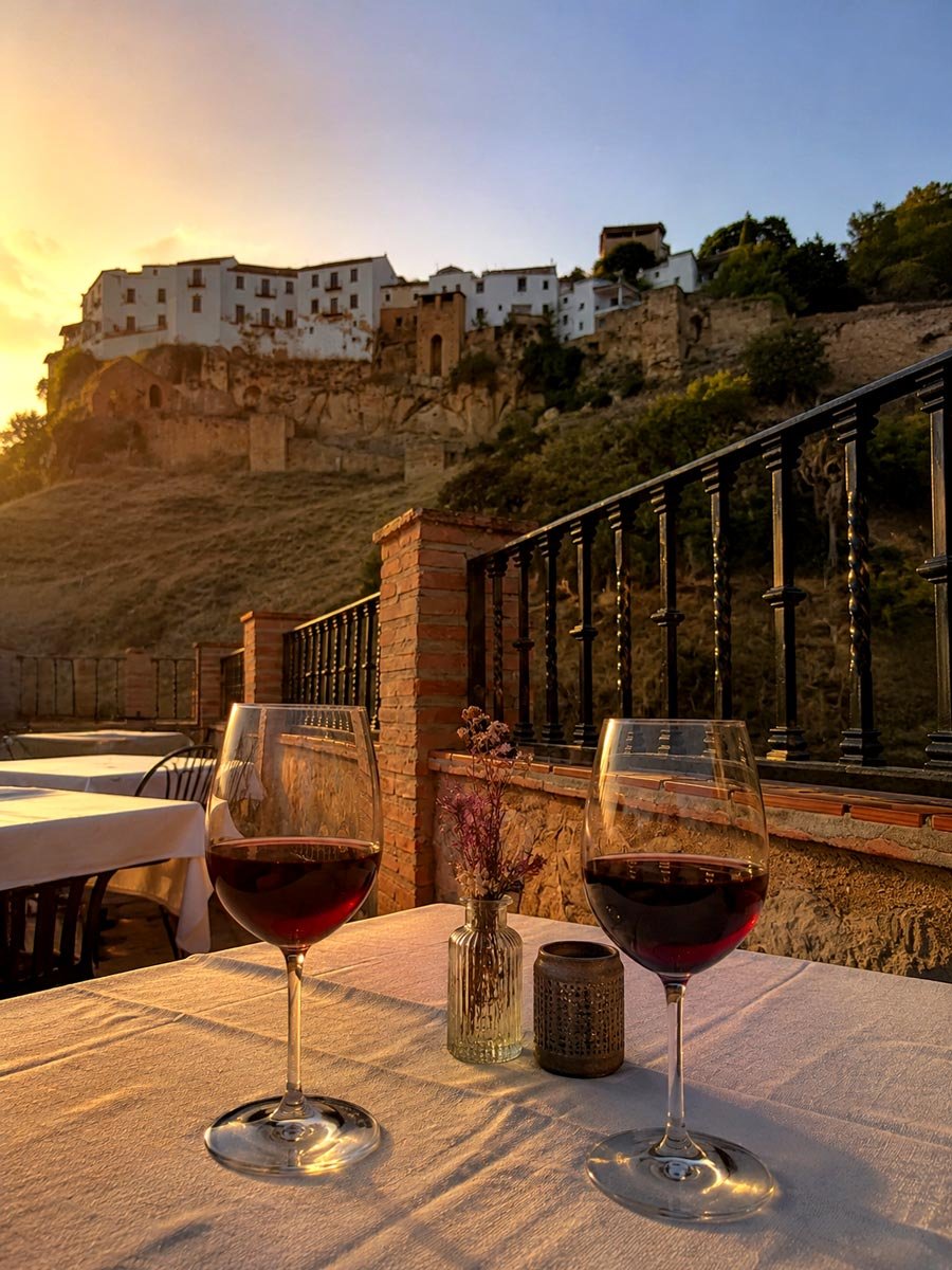 Dos copas de vino en la terraza, con Ronda al fondo al atardecer